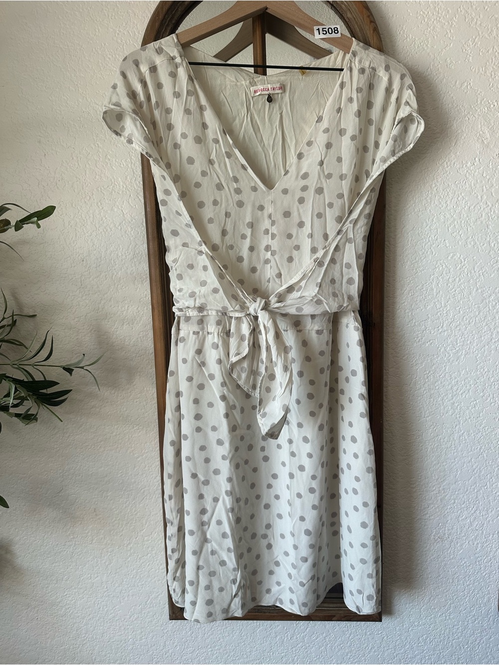 Rebecca Taylor Silk Polka Dot Faux Wrap Dress Women’s 16 Ivory Gray Tie Waist